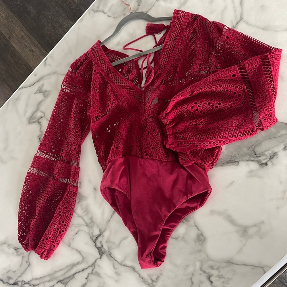 Boho Cranberry Red Lace Bodysuit Size Medium